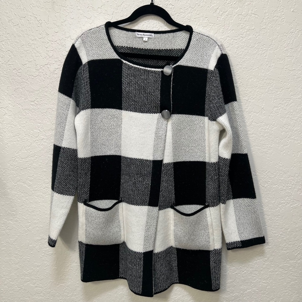 Nicole Alexander Womens Buffalo Plaid Cardigan Black White Wool Blend Sweater L